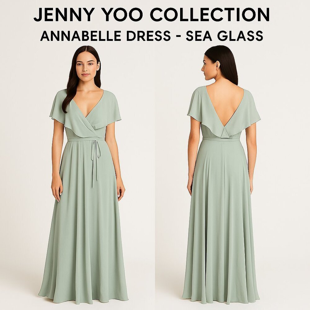 Jenny Yoo Annabelle Sea Glass Convertible Flutter Sleeve Chiffon Maxi Dress Sz14